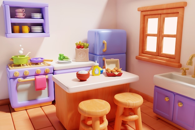 Free PSD kitchen and food 3d illustration