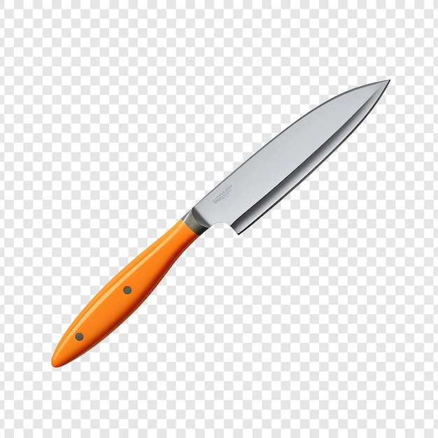 Free PSD kitchen knife with orange steel blade with saved path isolated on transparent background