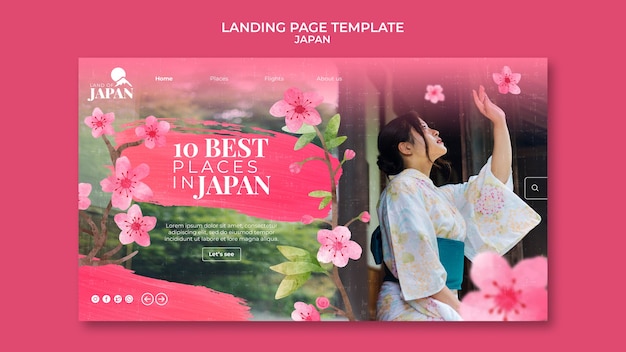 Free PSD landing page template for traveling to japan with woman and cherry blossom