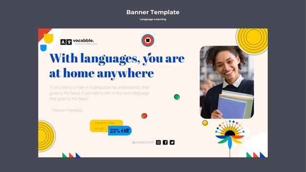 Language classes horizontal banner template with abstract flowers