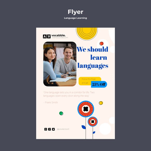 Language classes vertical flyer template with abstract flowers