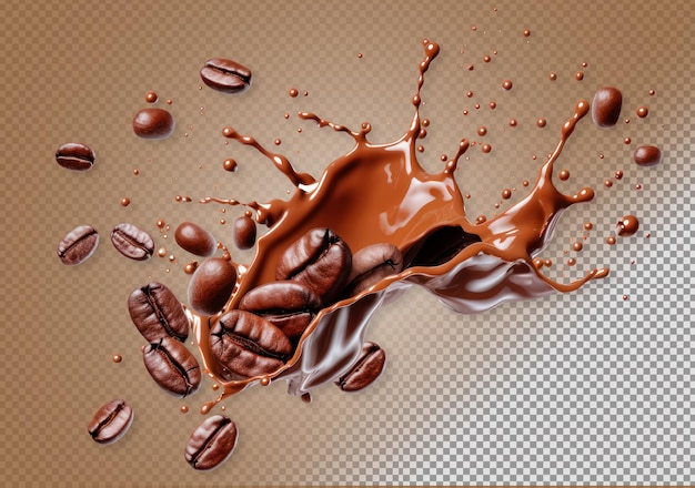 Free PSD liquid splash and coffee beans on transparent background