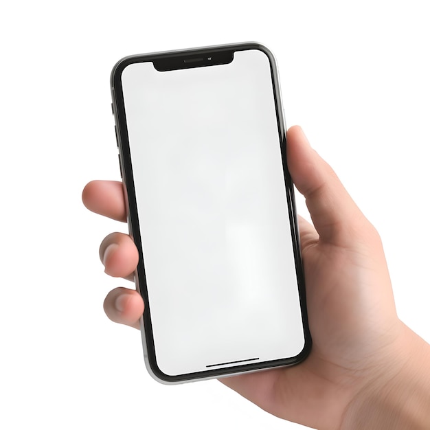 Male hand holding a smartphone with blank screen isolated on white background