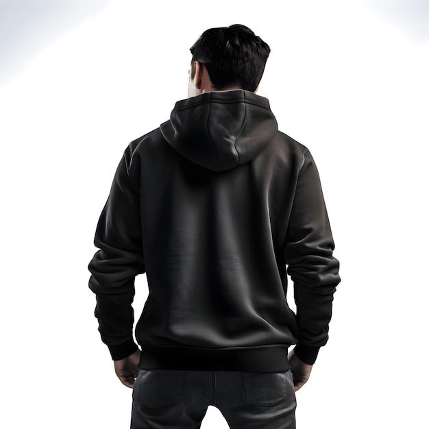 Man in a black sweatshirt on a white background back view