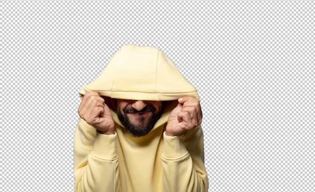 Free PSD a man with a yellow hood on his head is wearing a hood