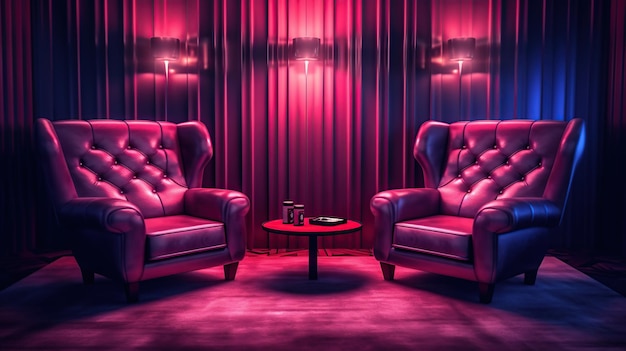 Free PSD modern room with violet light and red light illumination generative ai