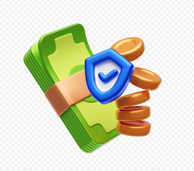 Free PSD money stack with a shield icon 3d illustration background