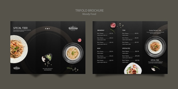 Free PSD moody food restaurant trifold brochure concept mock-up