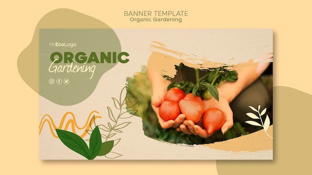 Free PSD organic gardening horizontal banner template with photo