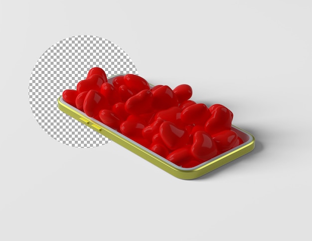 Free PSD pile of 3d hearts coming out of phone