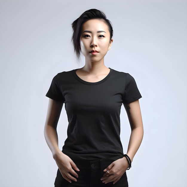 Free PSD portrait of a beautiful asian woman with black t shirt on gray background