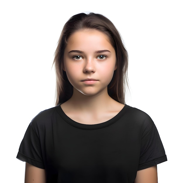 Free PSD portrait of a beautiful young girl in black t shirt isolated on white background