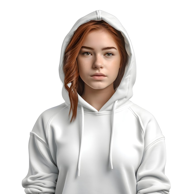 Free PSD portrait of a red haired girl in a white hoodie on a white background