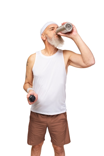 Free PSD portrait of senior man with metallic water bottle