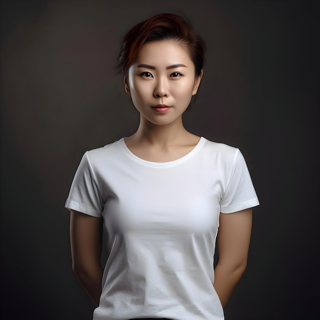 Free PSD portrait of young asian woman in white t shirt on dark background