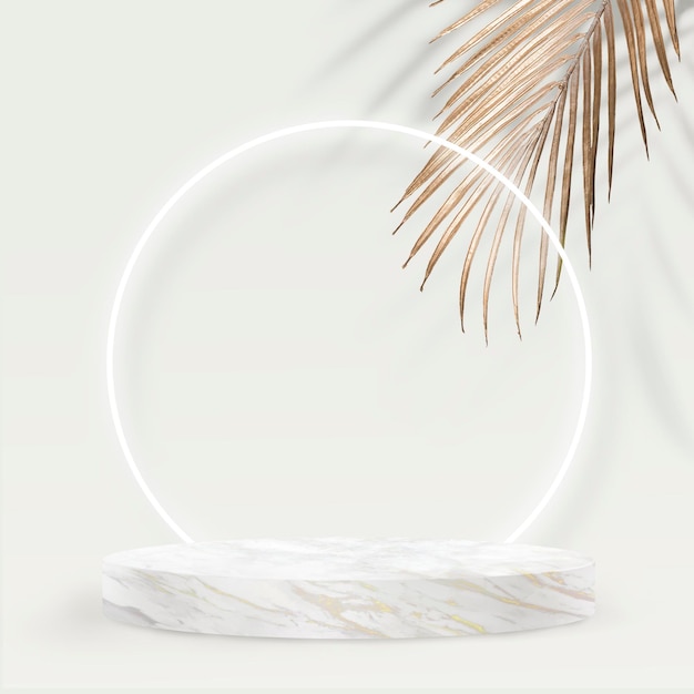 Free PSD product backdrop psd modern style with marble podium and gold palm leaf