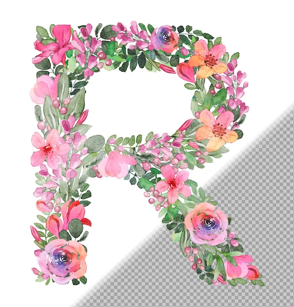 Free PSD r letter in uppercase made of soft handdrawn flowers and leaves