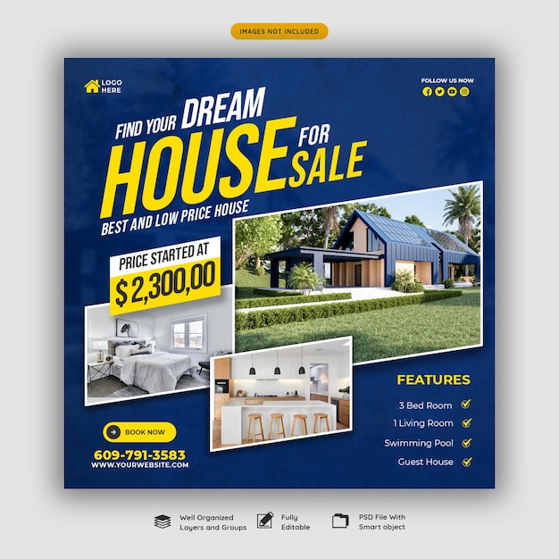 Free PSD real estate house property instagram post or social media banner template