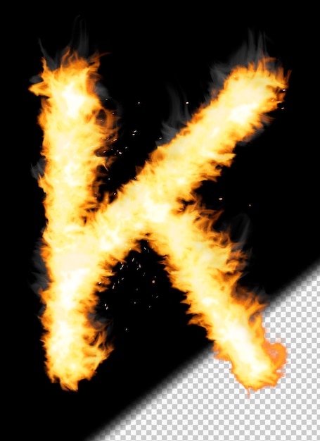 Free PSD realistic letter k made of fire on transparent background