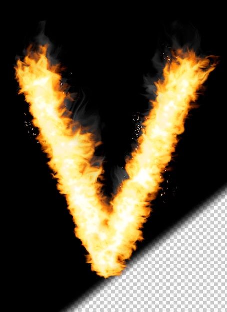 Free PSD realistic letter v made of fire on transparent background