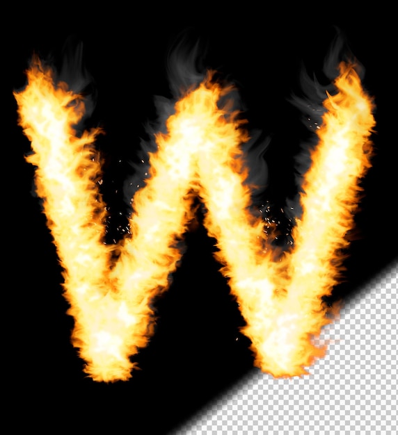 Free PSD realistic letter w made of fire on transparent background