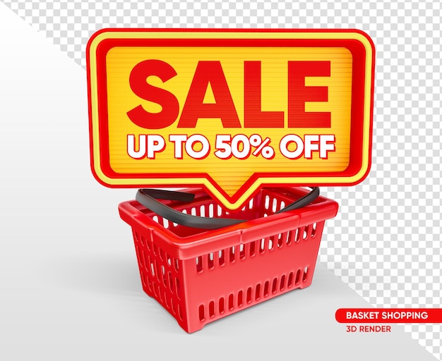 Free PSD red supermarket basket with frame sale up to 50 off in 3d render with transparent background