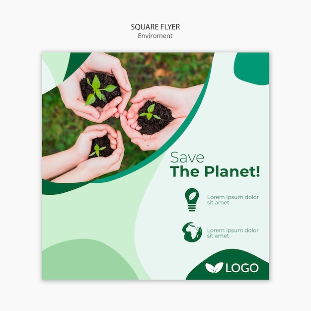 Save the planet flyer template with plants and hands