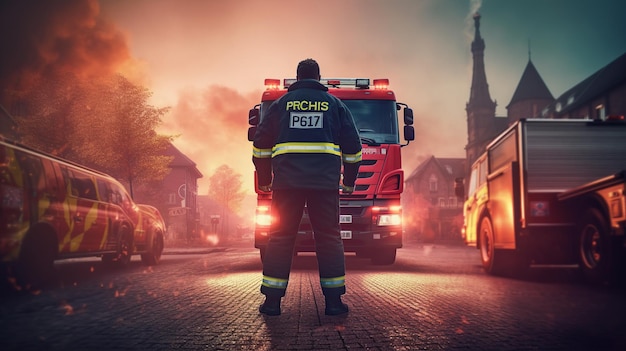 Free PSD scene of firefighter and firetruck generative ai