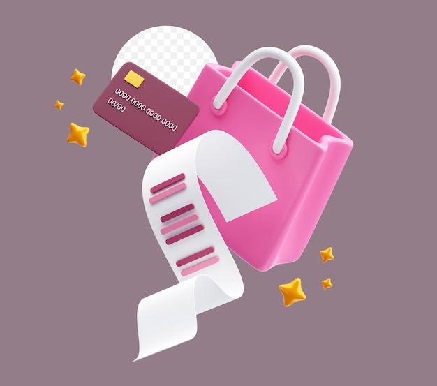 Free PSD shopping bags with receipts and credit cards icon 3d illustration background