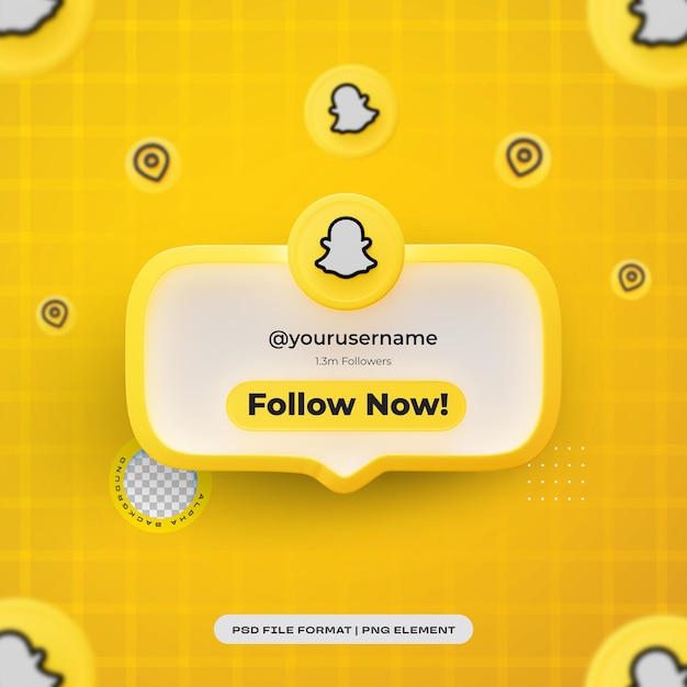 Free PSD snapchat follow us banner element icon with user name isolated 3d render