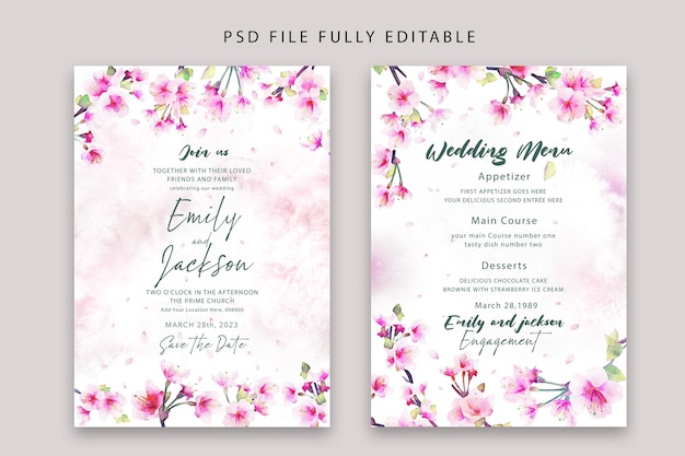 Free PSD soft psd floral watercolor wedding invitation and menu template