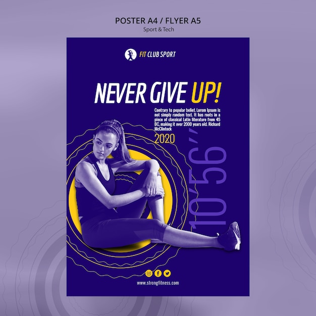 Free PSD sports and tech flyer with fitness woman