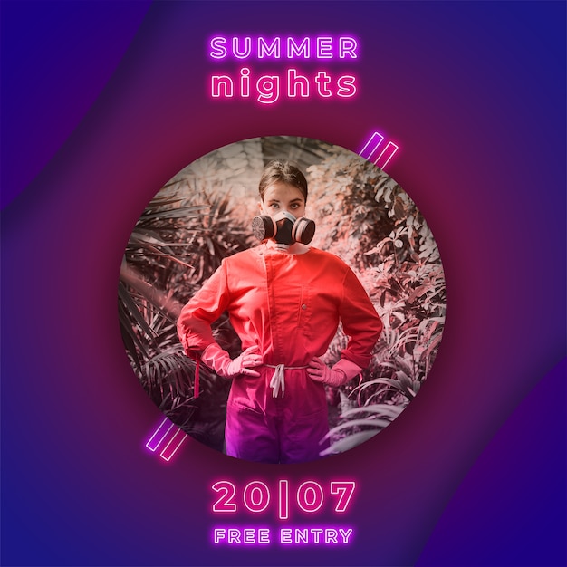 Free PSD summer nights party banner in neon lights style