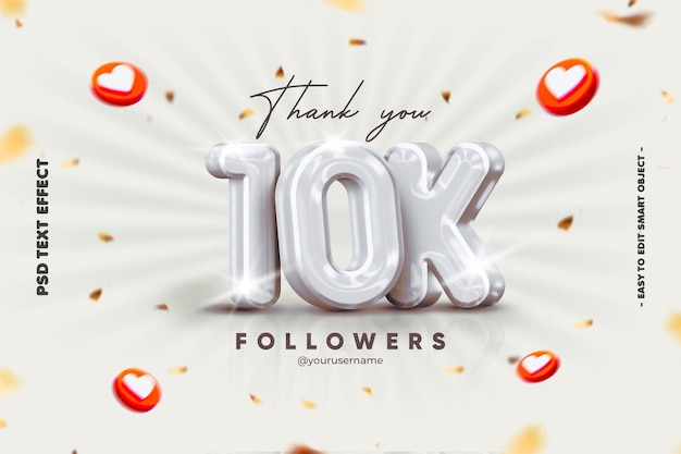 Free PSD thank you on 10k social media banner for friends and followers with text effect