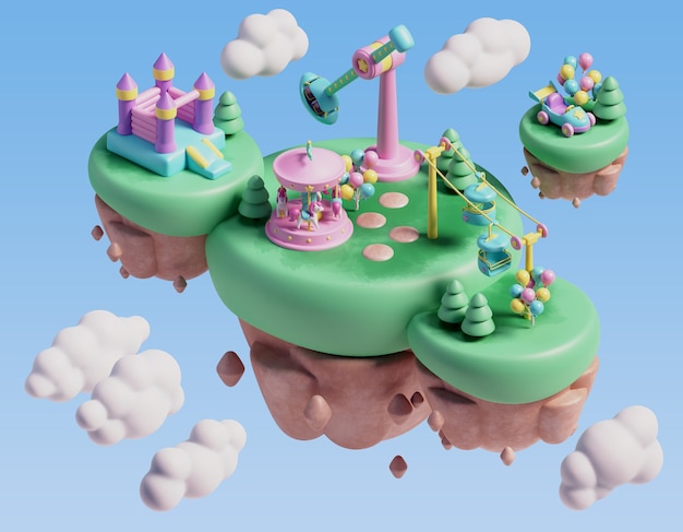 Free PSD three dimensional illustration for amusement park scene with floating landscape