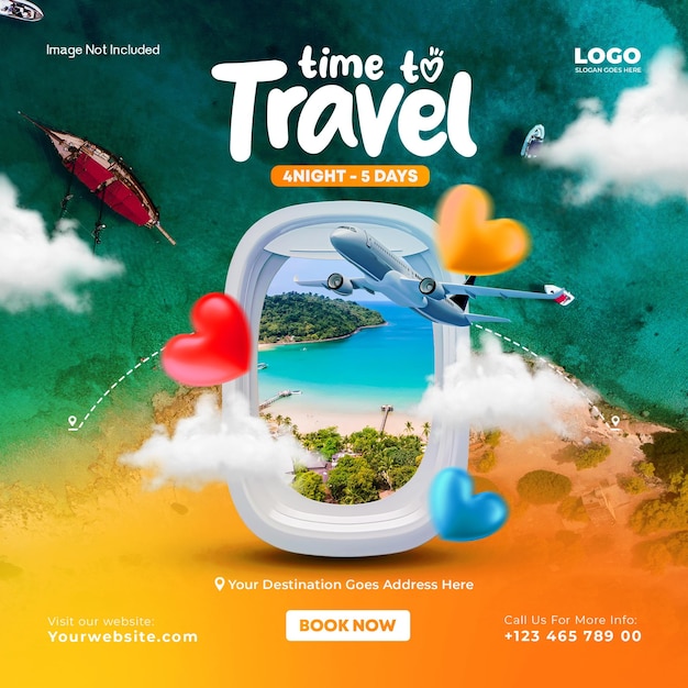 Travel and tourism socila media template with photo frame