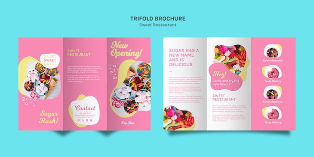 Free PSD trifold brochure in pink tones for candy store