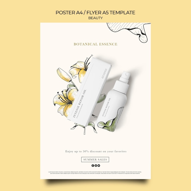 Free PSD vertical poster template for beauty products with hand drawn flowers