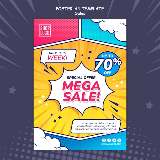 Free PSD vertical poster template for sales in comic style