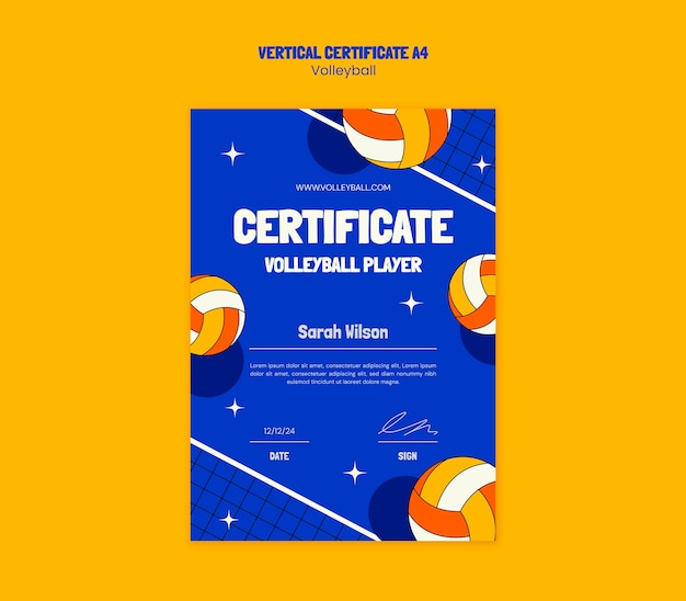 Free PSD volleyball certificate template design