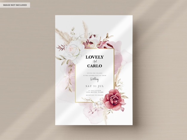 Free PSD watercolor wedding invitation template with maroon and peach floral