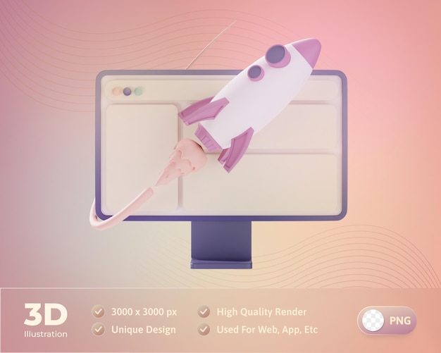 Free PSD web design a flying rocket with a computer 3d illustration