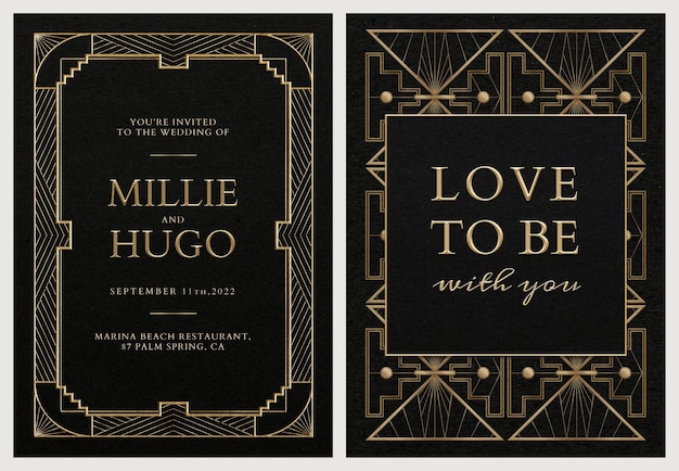 Free PSD wedding invitation card psd set template with geometric art deco style on dark background