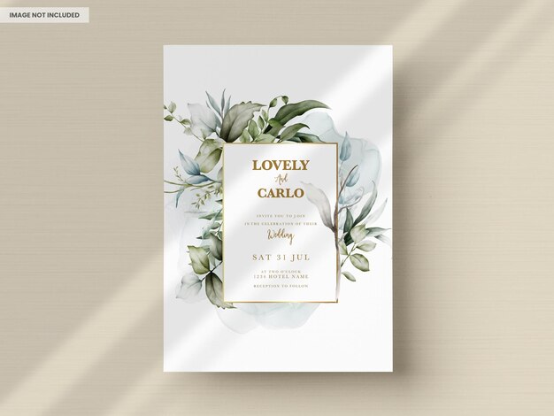 Wedding invitation card template with watercolor leaves