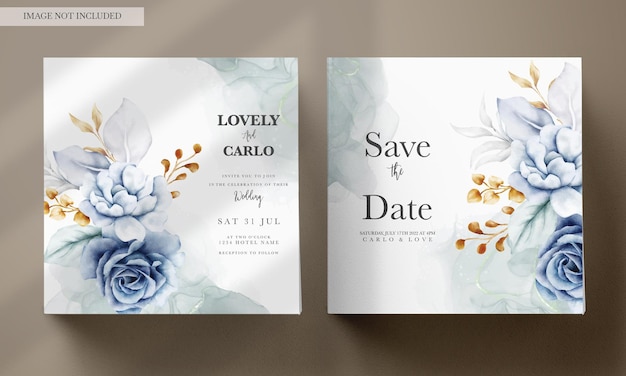 Free PSD wedding invitation card with beautiful white blue and gold floral