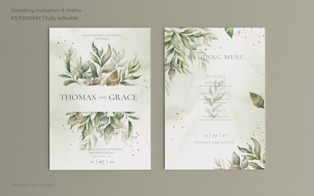 Wedding invitation and menu template with beautiful leaves