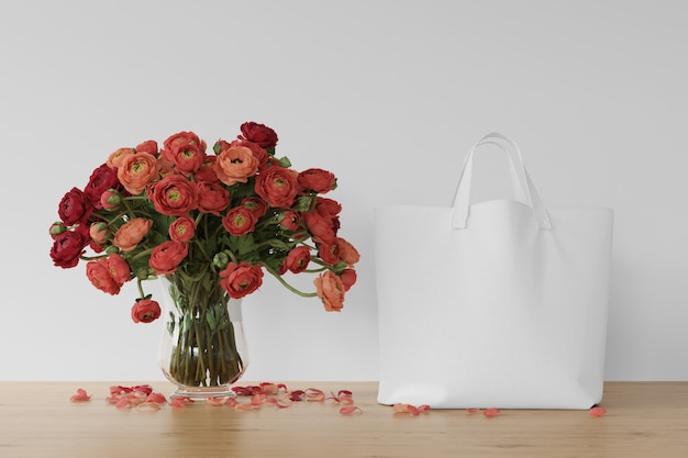 Free PSD white bag and flowers in a vase