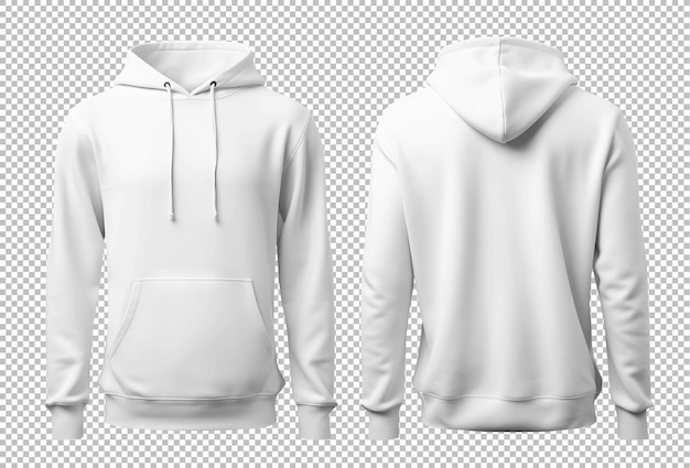 White hooded sweatshirt seen from the front and back isolated on transparent background