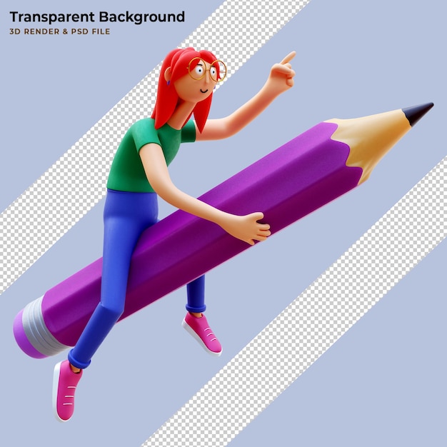 Woman riding or flying on the huge pencil with rocket colorful cloud. Creative skill concept. 3d rendering