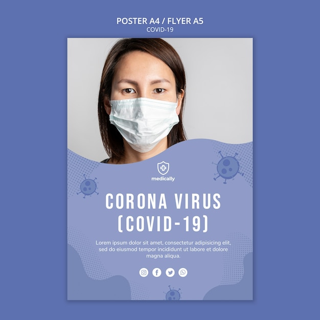 Free PSD woman wearing mask coronavirus poster template